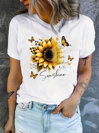 Werden Sie die Sonne Sonnenblume Weihnachten Neujahr Weihnachten Damenbekleidung Damenwinterbekleidung Damenoutfits für den Herbst Damentops für den Herbst Damen Große Größen Lässig Rundhals Kurzarm T-Shirt