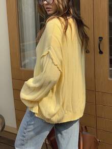 1 件女式纯色百搭舒适针织开衫，宽松版型，长袖 - 黃色 - 查看 4
