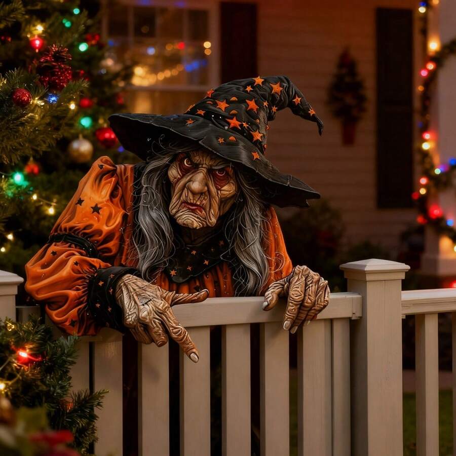 Decoraciones de Halloween con brujas espiando cercas, letreros artísticos de jardín, decoraciones 2D para exteriores - Negro - Ver 1