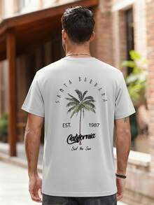 Coastal | 夏季新款男士椰树字母印花短袖圆领T恤，休闲度假装 - 淺灰色 - 查看 3