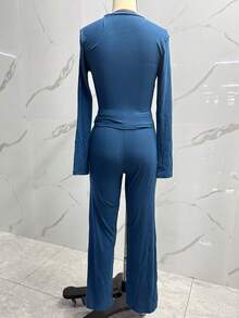 Women's Casual Solid Color Crew Neck Long Sleeve Top And Pants Set, Fashion Suit, Professional Commuter Outfit, Casual Elegant, Commute, Work Uniform, Women's Sportswear, Women's Set, Casual Set, 2 Pieces Set - Blue - View 9