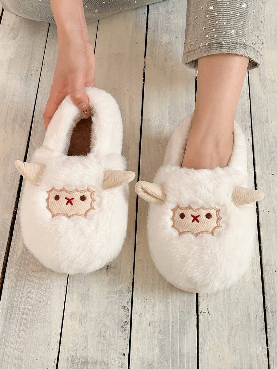 1 Pair Soft Plush Sheep Design Slippers, Fashionable Couple Slippers, Thick Warm Indoor Non-Slip Shoes For Winter, Cute Fluffy Home Slippers