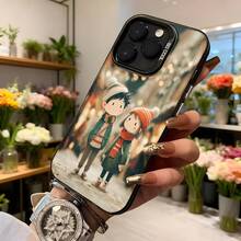 Cubierta de teléfono con diseño de dibujos animados para iPhone en color negro con estampado de pareja de invierno y texto CASETTO ideal para uso diario y regalos Aplicable a los teléfonos de la serie Apple y Galaxy - Negro - Ver 6