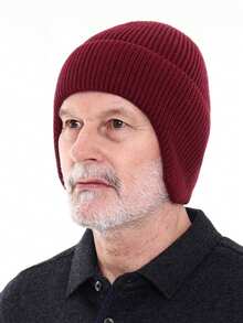 1PC Men's Winter Thick Knit Earflap Beanie Hat, Outdoor Cold-Proof Warm Headwear, Suitable For Autumn/Winter - Solid Color - View 6