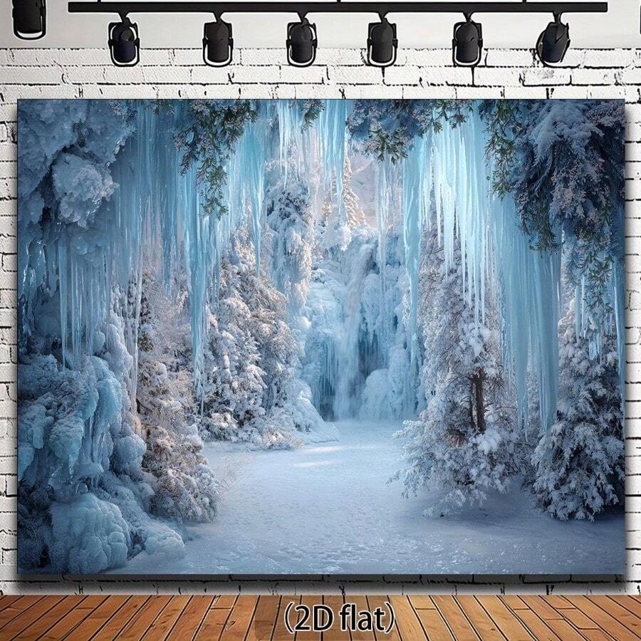1pc Winter Wonderland Backdrop - Snowy Forest & Icicles Photography Background With Frozen Waterfall No Electricity Needed Durable Polyester Fabric For Christmas Winter Parties Photo Booths Home Decor - Indoor/Outdoor Decoration Winter Wonderland Decorations Holiday Photo Booth Snowy Landscape Easy Setup Banner 2D Flat - 彩色 - 查看 1