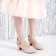 1 Pair Girls Dress Shoes Closed Toe Chunky High Heels Ankle Strap Wedding Party Pump Shoes - Da Nubuck Nude - Xem 8