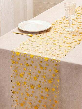 Two Pieces Golden Foil Star Pattern Tablecloth, With Dimensions Of 11 Inches X 108 Inches, Decorated With Metallic Polyester Fabric, Suitable For Use In Festivals, Spring, Wedding Tablecloths, Wedding Decorations, Home Decorations, Room Decorations, Party Gifts, Ramadan, Ramadan Joy, Breaking The Fast Joy, Bride's Birthday Decorations, New Year Gifts, New Year Gifts, Etc.