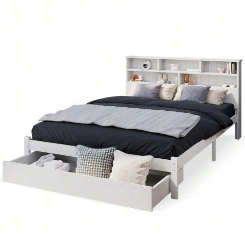 Solid Wood Double Bed With Drawers And Slatted Base, Bookcase For Teenagers And Adults, Children's Bed, 140x200cm White - White - View 1