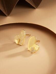 1 Pair Asymmetrical Heart Shaped 925 Sterling Silver Earrings With Full Stones, Elegant Gold Plated Fashion Jewelry Gift For Women, Girlfriend, Mother, Friend, Couple, Daily Wear - Gold - View 5