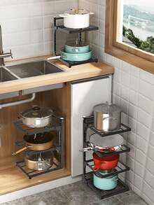 1pc Multi-Tier Height Adjustable Stainless Steel Pot Rack - Space-Saving Under Sink Storage Solution For Kitchen Utensils And Cookware - Durable, Easy-To-Assemble, And Versatile Cabinet Organizer For Home And Restaurant Use - màu đen - Xem 4