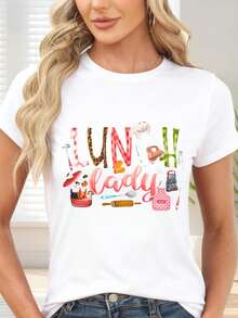 T-Shirt With Kitchen Print And Lunch Lady Text For Cooking And Home Cooking - 白色 - 查看 6
