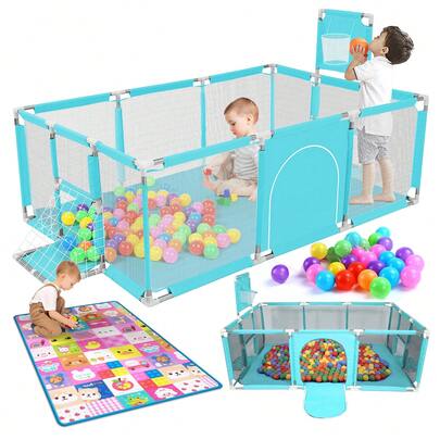 Corral Para Bebé Corral De Juegos Bebés, Corral Plegable Bebe Con Una Alfombra De Juegos, Con Aro De Baloncesto, Porteria De Soccer Y 20 Bolas Oceánicas Apto Para Uso En Interiores Y Exteriores Por Niños De 0 A 6 Años