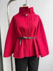 Winter Women's Clothes, Short Style, Stand-Up Collar, Loose, Woolen Coat, Shawl Cape, Complimentary Belt, Chic,Two Pieces Set, Christmas ,Tops