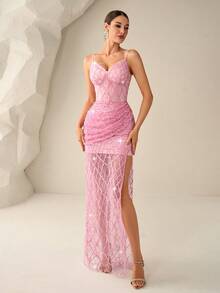 Đầm dạ hội Astony One màu hồng đính sequin thanh lịch, đầm maxi cúp ngực xẻ tà gợi cảm bằng vải lưới xuyên thấu, hoàn hảo cho tiệc năm mới, ngày Valentine, lễ hội hóa trang, lễ hội âm nhạc, tiệc đính hôn, thảm đỏ, lễ tốt nghiệp, tiệc chào mừng và các sự kiện cocktail. - Hồng - Xem 4