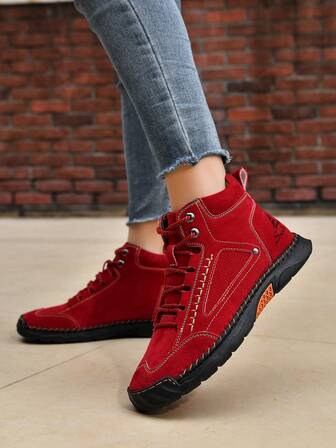 Salkin Women's Handcrafted Vintage Patchwork Ankle Boots Stylish Outdoor Lace-Up Hiking Boots Minimalist Solid-Color Casual Shoes Couple's Comfortable Mid-Calf Boots All-Season Business, Office, Daily Driving Shoes For Men And Women Red Oversized Boots