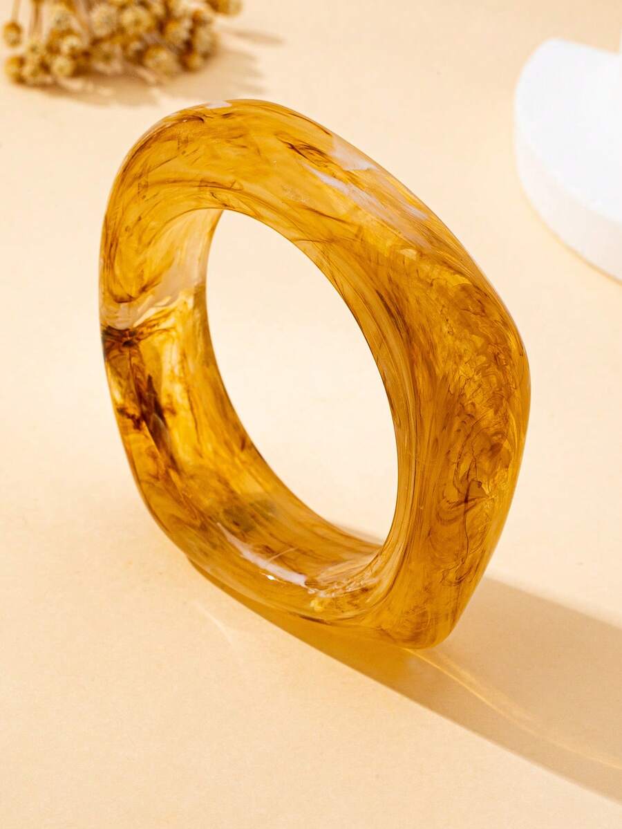1pc Women's Resin Asymmetrical Wide Geometric Tie Dye Bracelet, High-End Design Suitable For Winter Wear - Yellow - View 1
