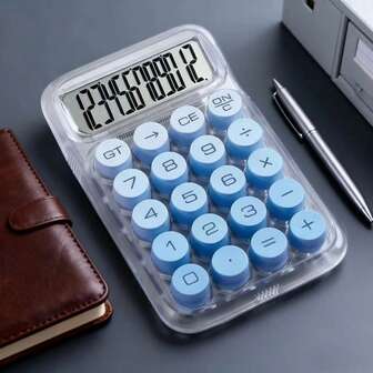 12-siffrig kalkylator med stor transparent display, dopamindesign, lätttryckta tangenter, ergonomisk för speciella behov, hållbar för kontor och hemmabruk, batteri ingår ej, modern kalkylator med transparent design