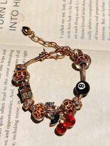 1 件豹纹樱桃 8 号台球串饰手链、1 件豹纹心形手链、1 件豹纹手链、1 件豹纹星星 DIY 手链、复古音乐节时尚手链 - 金色 - 查看 5