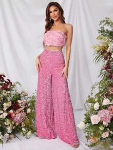 And Fashionable Women's Suit, One Neck Strapless, Applique Technique, Mid Waist Slimming Pants, Solid Color Sequins, Fashionable Casual Wide Leg Pants, Cocktail Party, Party, Christmas, Nightclub, Banquet, Film Festival, Cinema, Dance Party, Cocktail Party, Bar, Wedding, Graduation Ceremony, Back-To-School, Birthday Party, Rebellious Girl, Festival-Themed Party, Outwear, Street Fashion, Fashion Show, Date, Easter, Mother's Day, Going To Work At University, School, Village, Concert, Street Girl, Young Girl, Country Outfits For Women, Best Outwear For Women, Women's Vacation Clothing, Country Concert Outfit, Country Outfits For Women, Streetwear, Concert Outfit For Women, Boho Women's Clothing, Country Concert Outfit, Concert Outfits, Vaquera Outfit, Y2K Clothes, Women's Club Outfits, Y2K Women's Clothes, Women's Clothing, Country Concert Outfit For Women - 粉色 - 查看 4