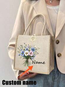 Customizable Linen Tote Bag, Personalized Name & Floral Wreath Pattern, Button Decor, Large Capacity Handbag, Foldable Travel Shopping Bag, Tote - Multicolor - View 4