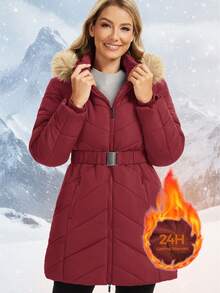 Women's Winter Puffer Coat With Removable Hood Double Zipper Thickened Long Parka Jacket With Elastic Waistband Equipped With Fleece-Lined Zipper Pockets - 酒紅色 - 查看 1