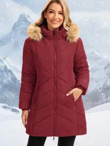 Women's Winter Puffer Coat With Removable Hood Double Zipper Thickened Long Parka Jacket With Elastic Waistband Equipped With Fleece-Lined Zipper Pockets - 酒紅色 - 查看 5