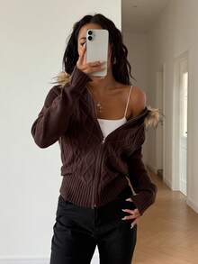 Women's Casual Cute Y2K Preppy Long Sleeve Cable Knit Sweater Cardigan Fur Hooded Zipper Coat Jacket Knitted Top New Autumn And Winter Going Out Outfits Clothes For Women Christmas Thanksgiving New Year Outfits School Streetwear Daily Wear Night Out Travel Home Brown