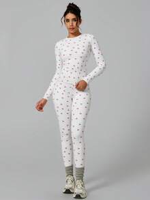 NcmRyu 1 Set Women Elastic Round Neck Printed Long Sleeve Tight Pants Sportswear Set - White - View 9