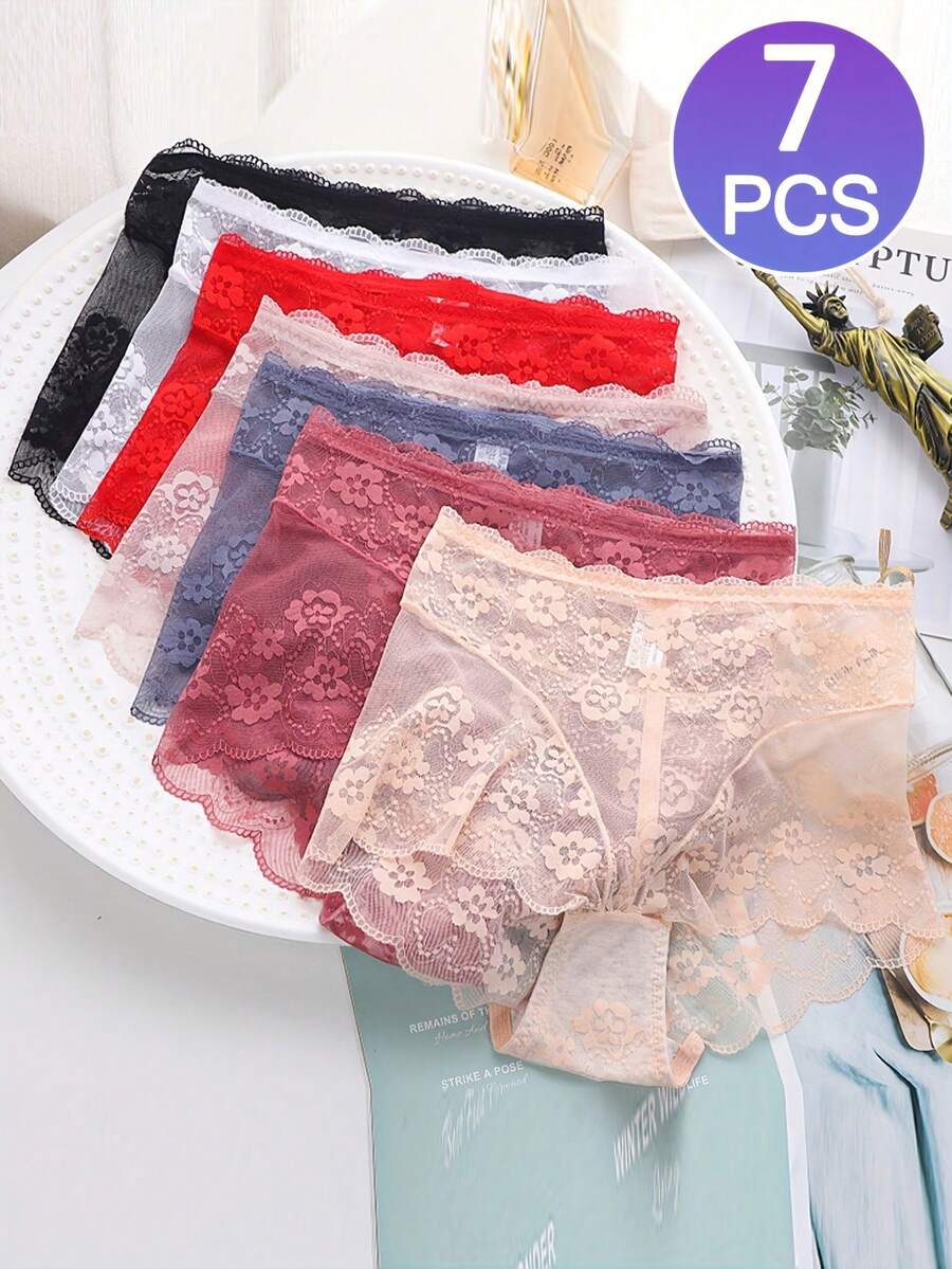 7Pcs Sexy Lace High-Waisted Transparent Briefs, French Style Plus-Size Briefs For Women, Tummy Control And Hip Lift, Lightweight, Stretchy And Comfortable Fit - Nhiều màu - Xem 1