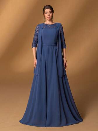 Faeriesty Mosy Stunning Boat Neck Mother Of The Bride Dress - Embroidered Five-Quarter Sleeves A-Line Gown With Timeless Elegance, Ideal For Formal Weddings, Black-Tie Galas, Anniversary Dinners, Grand Receptions & Formal Evening Celebrations