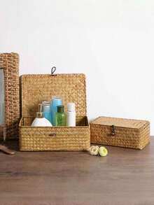 Nordic Style Handwoven Seagrass Storage Box With Lid, Handmade Woven Storage Basket With Cover, Rectangular Storage Box, Creative Space-Saving Storage Box, Suitable For Storing Cosmetics, Stationery, Clothes, Toys, Bathroom Items, Bedroom Items, Living Room Items, Dorm Items, Office Desk Items, Snacks, Jewelry, Also Can Be Used As Back To School Supplies Or Wedding Favor Packaging. - Multicolor - View 5