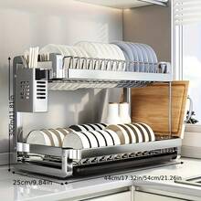 大容量不锈钢双层沥水架，带滴水盘、砧板架和餐具架，多功能防锈沥水架，适用于家用厨房台面，节省空间，易于清洁，经久耐用。 - 銀色 - 查看 13