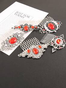 1pc Vintage Metal Flower & Leaf Design Hair Clip, Red, Festive Holiday Gift, Combs, Side Comb, Headpiece, Hair Accessories, New Year Glamour, Hair Accessories For Women,Summer,Travel,Festival,Birthday - Multicolor - View 7