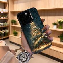 Cubierta de teléfono con diseño de árbol de navidad brillante y ciervos en tono azul oscuro para iPhone 14 Pro Max ideal para temporada festiva Aplicable a los teléfonos de la serie Apple y Galaxy - Negro - Ver 4