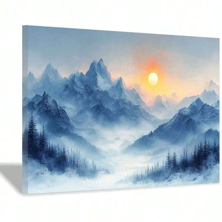 [2D Flat Canvas Wall Art] Modern Wall Art For Living Room 1Pc Framed Ready To Hang 2D Flat Blue Mountain Sunset Canvas Wall Art, Artistic Nature Decorative Painting, Posters For Living Room Bedroom, Dramatic Home Decor, Great For Art Lovers & Moody Spaces  Canvas Wrapped Inner Frame - 藍色 - 查看 1