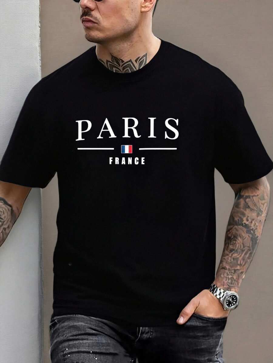 Camiseta unisex estampada PARGS FRPNCE - Estampado geométrico, tejido tela de , corte regular, apta para todas las estaciones, suave y cómoda. - Negro - Ver 1