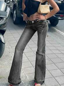 NVFelix 2026新款女士修身低腰喇叭牛仔裤，采用渐变染色细节、刺绣口袋和弹力面料，融合了Y2K街头风和优雅风格，适合春夏休闲穿着，深灰色 - 深灰色 - 查看 4