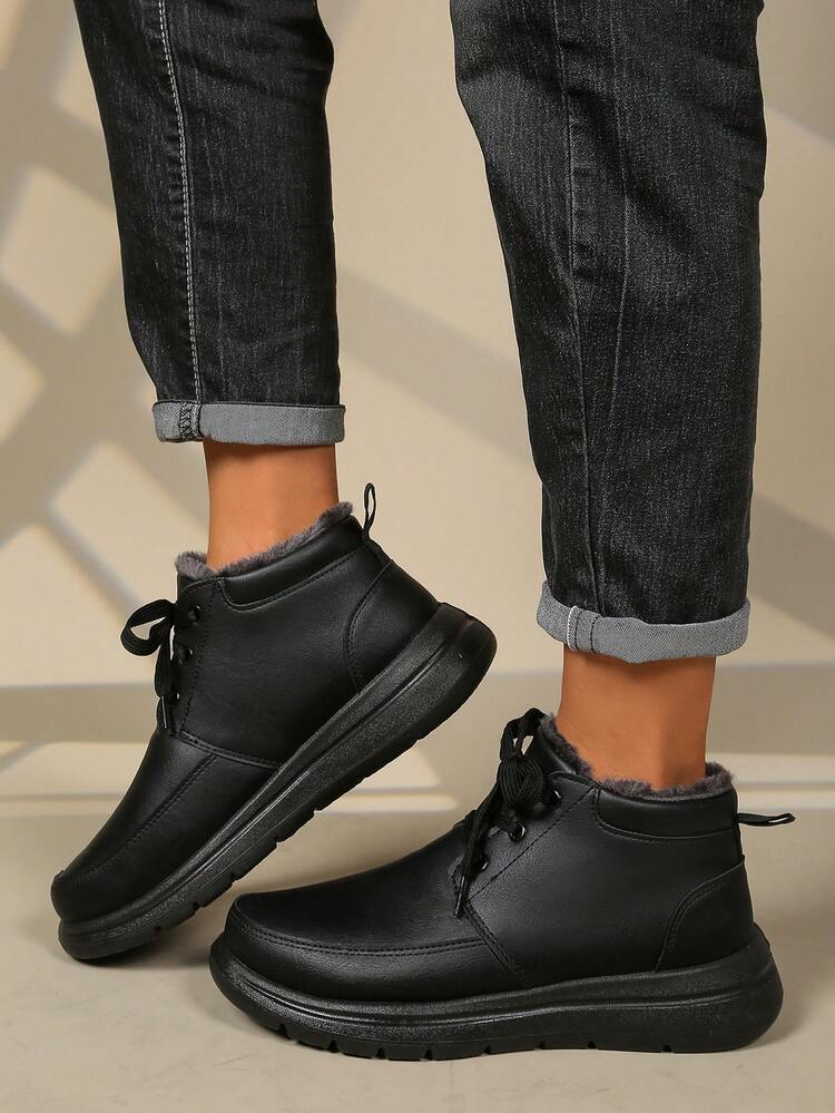 Botas de nieve de invierno para hombres, botas cortas cálidas, zapatos casuales de caña alta - Negro - Añade 4