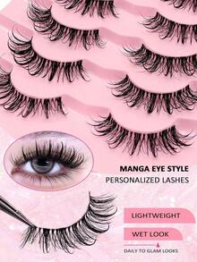 5Pairs Fluffy Wet Look Manga Lashes Thick Thai Style Anime Cosplay False Eyelashes Clear Band Spiky Dramatic Photogenic Doll Lashes Japanese Korean Lashes - 漫畫中濕漉漉的睫毛 - 查看 4