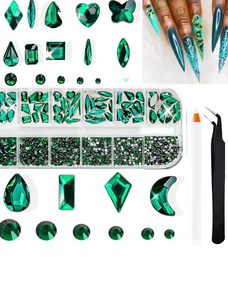 祖母绿美甲水钻，1盒大号玻璃绿钻美甲宝石，带挑钻工具，3颗/套3D水晶美甲钻石宝石，平底水钻，多种形状尺寸，美甲设计，适合女性女孩美甲装饰，DIY珠宝制作工艺材料 - 墨綠色 - 查看 1