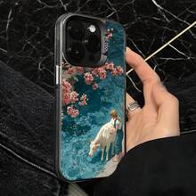 Cubierta de telefono con borde transparente y diseño floral azul con vaca y persona en paisaje acuatico para uso diario en cafeterias - Negro - Ver 4