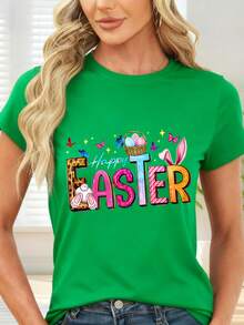 Camiseta de  con Estampado de Pascua Feliz y Conejo Colorido para Fiestas de Primavera - Verde - Ver 1