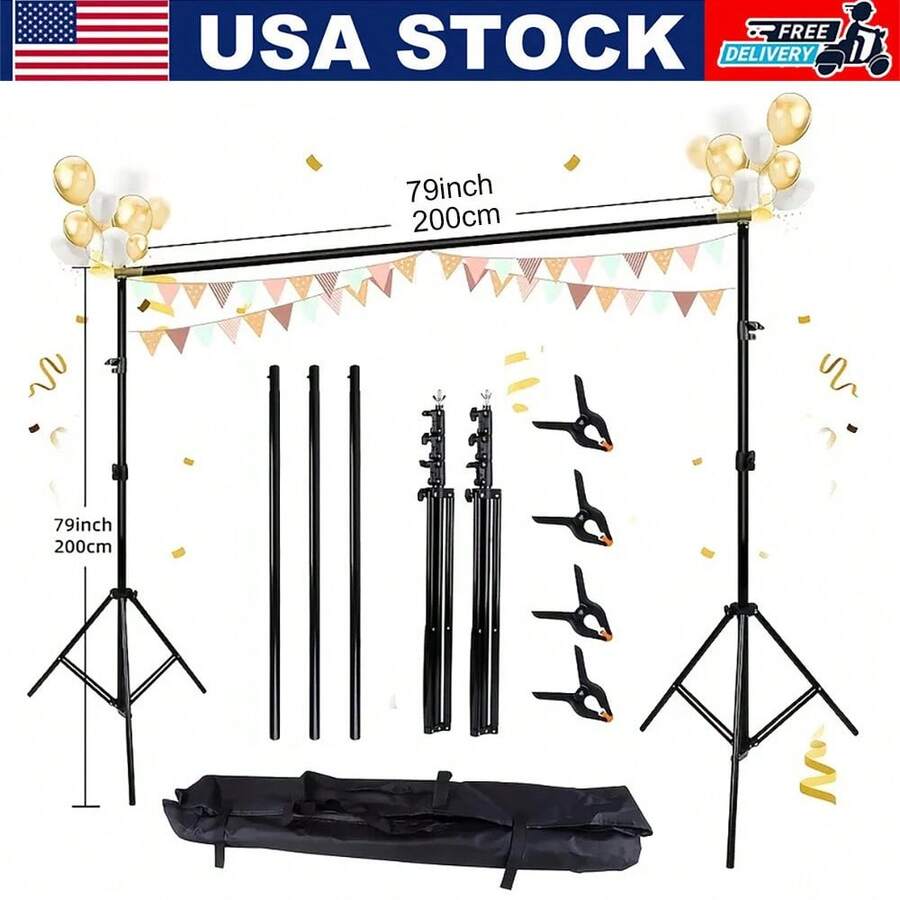 6.5x6.5ft Backdrop Support Stand Kit Adjustable Photography Studio Photo Background Support System With Carrying Bag And 4 Clips, For Parties, Photography, Projector Screen, Wedding, Decoration, Balloons - màu đen - Xem 1