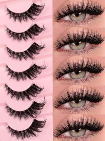 7 pares de pestañas de efecto ojo de gato con aspecto esponjoso, banda negra suave, naturales y gruesas, de mink falso, de aspecto natural, extensión de pestañas cortas para maquillaje