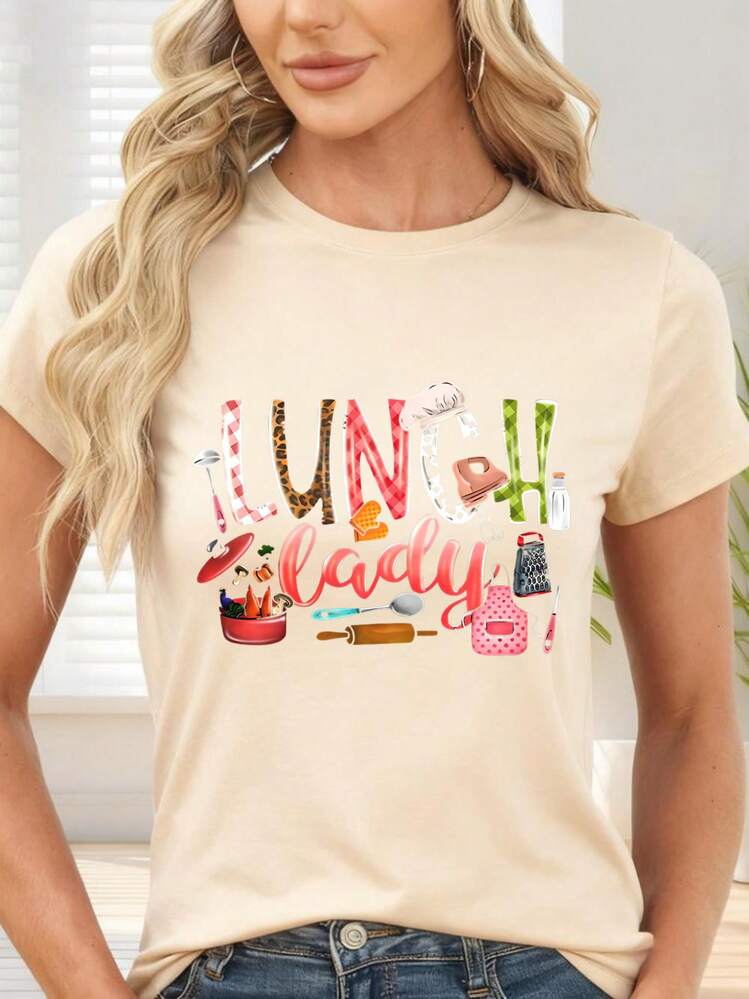 T-Shirt With Kitchen Print And Lunch Lady Text For Cooking And Home Cooking - Apricot - View 1