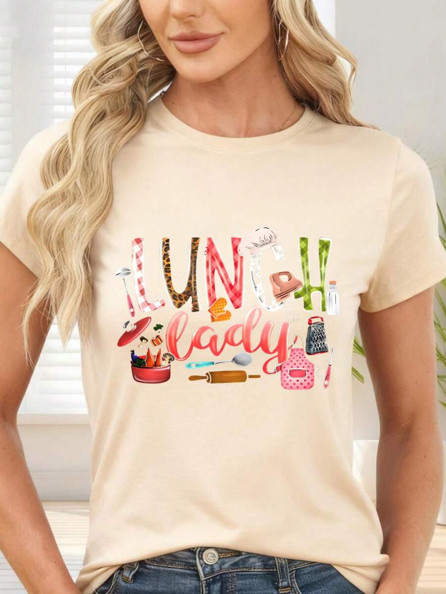 T-Shirt With Kitchen Print And Lunch Lady Text For Cooking And Home Cooking - Apricot - View 1