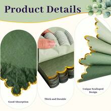 Green Cocktail Napkins With Gold Foil Scalloped Edges, 5 X 5 Inch Party Napkins Disposable Thick Paper For Wedding Dinner Birthday, Shower Dinner Lunch Supplies