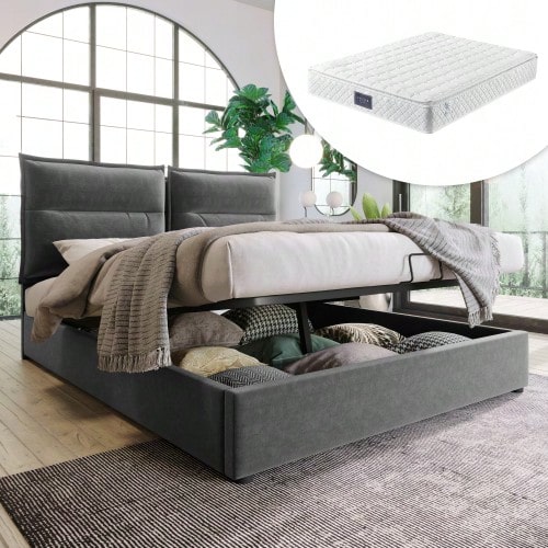 Hydraulic Double Bed With Upholstery, 140x200cm, Adjustable Headboard, Metal Slatted Base, Velvet, Modern Bed Frame With Storage Space, Large Storage Area, Grey (Mattress Not Included) - Gray 1 - View 12