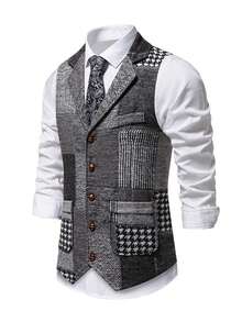 Men's Retro Patchwork Lapel Waistcoat - Grey - View 3