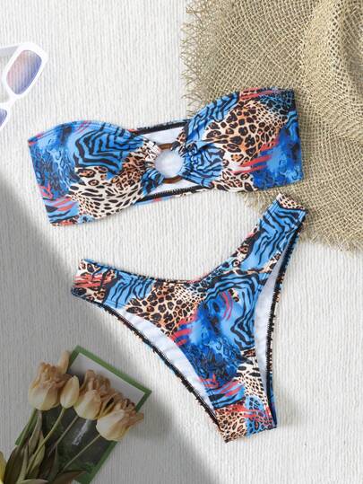 Set bikini nou din două piese, costum de baie sexy pentru petrecere, culoare leopard, imprimare divizată, pentru femei, fără bretele, costum de baie pentru izvoare termale, plajă, vacanță, bikini pentru femei, vânzare fierbinte în Europa și America